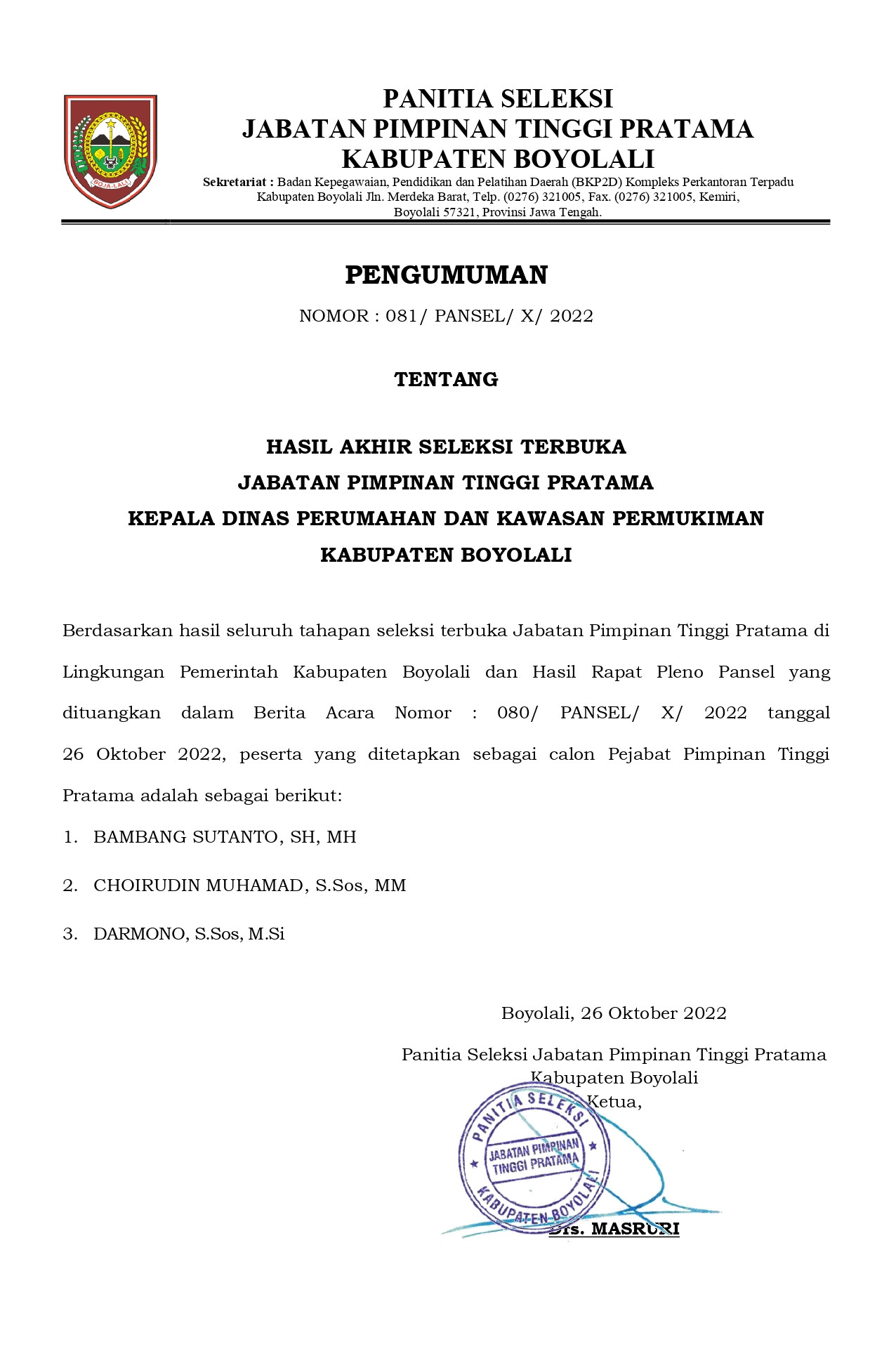 Pengumuman 3 besar JPT Pratama Kabupaten Boyolali Tahun 2022